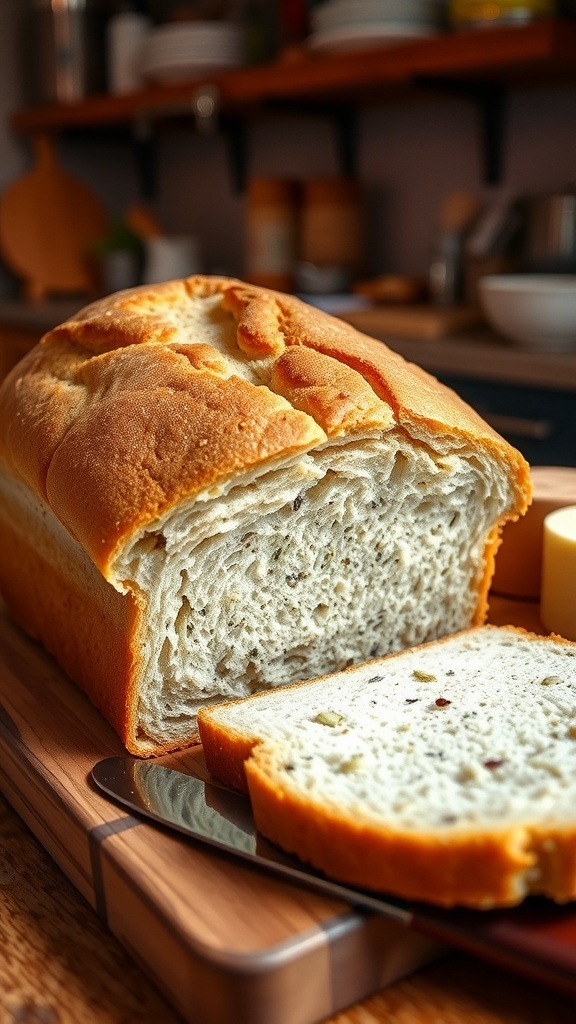 Freshly baked sandwich bread loaf with seeds and herbs, sliced on a wooden board.